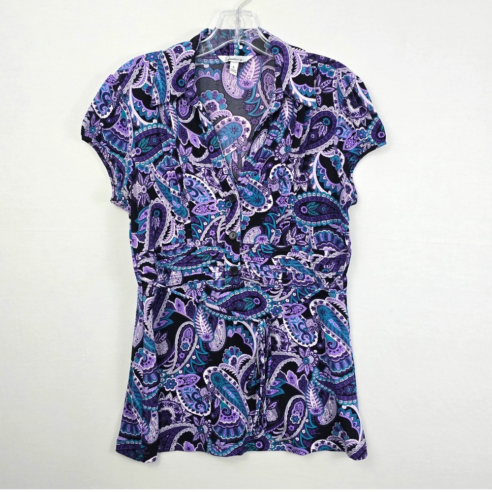 Speechless Y2K Short Sleeve Collared V-Neck Tie Paisley Top Purple Multi L‎